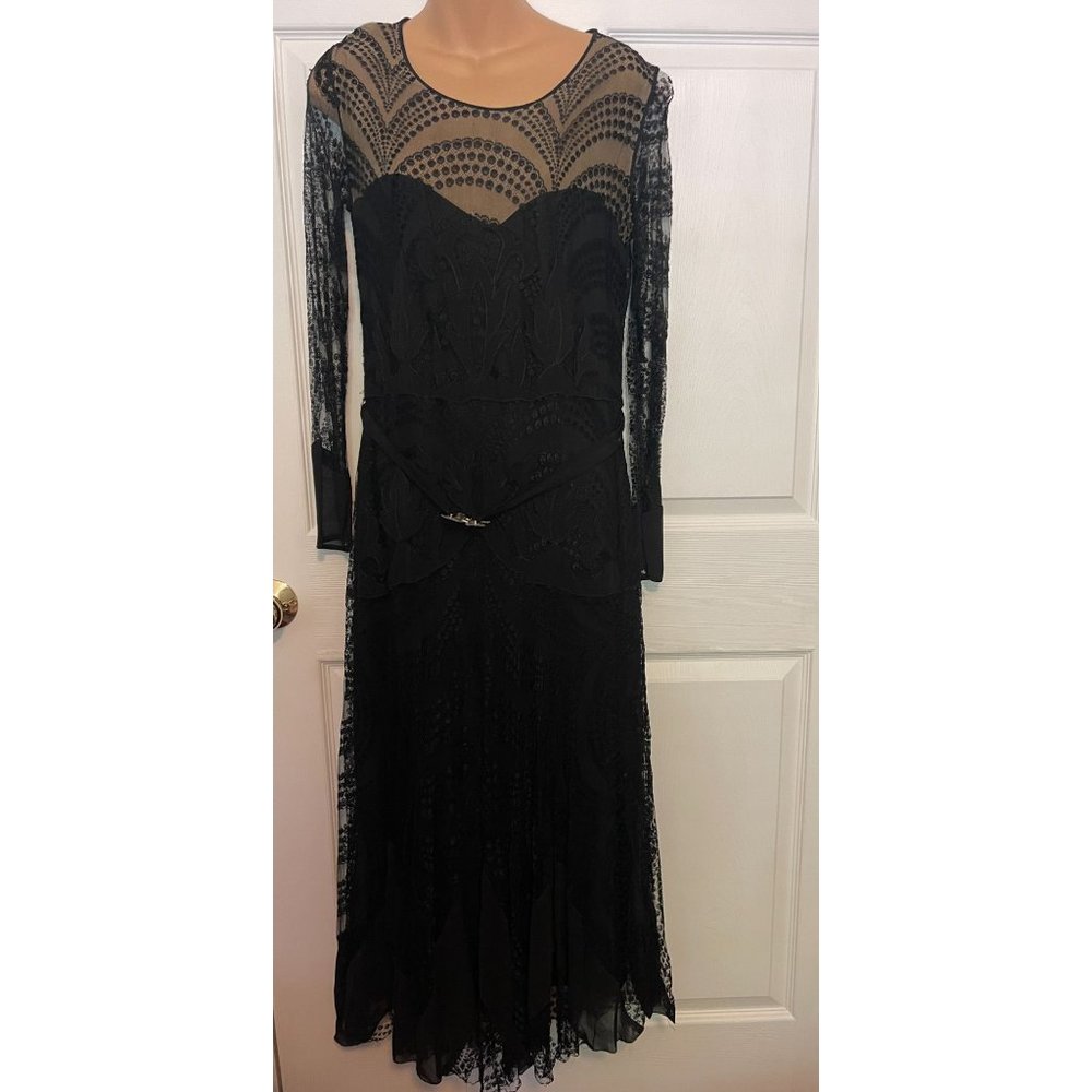 Vintage Black Lace and Chiffon Dress with Belt Art Deco-AS IS